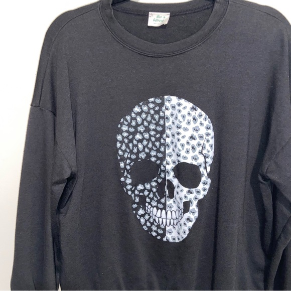 Blue Buttercup Sweatshirt Womens Small Black Skull Graphic Print Goth Oversized - Picture 2 of 7